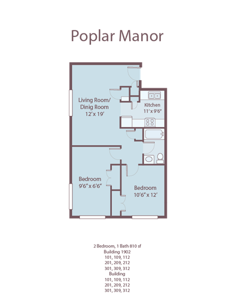 Floor plan for 2 beds, 1 bath, 810 sqft